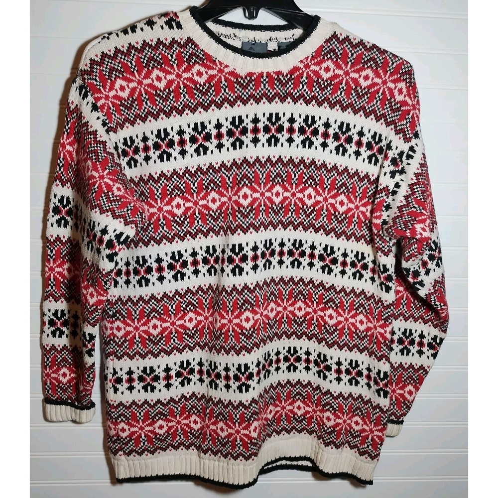 Lizwear Women's Sm Sweater Geometric Fair Isle‎ Knit Pattern Red Black Vintage